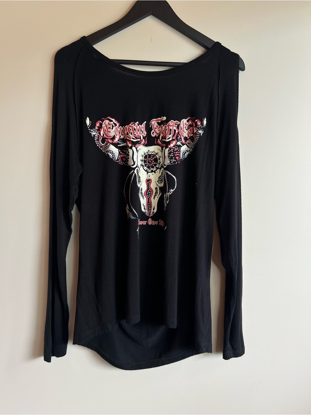 Cowgirl Tuff Cold Shoulder Western Graphic Top Black Long Sleeve Small